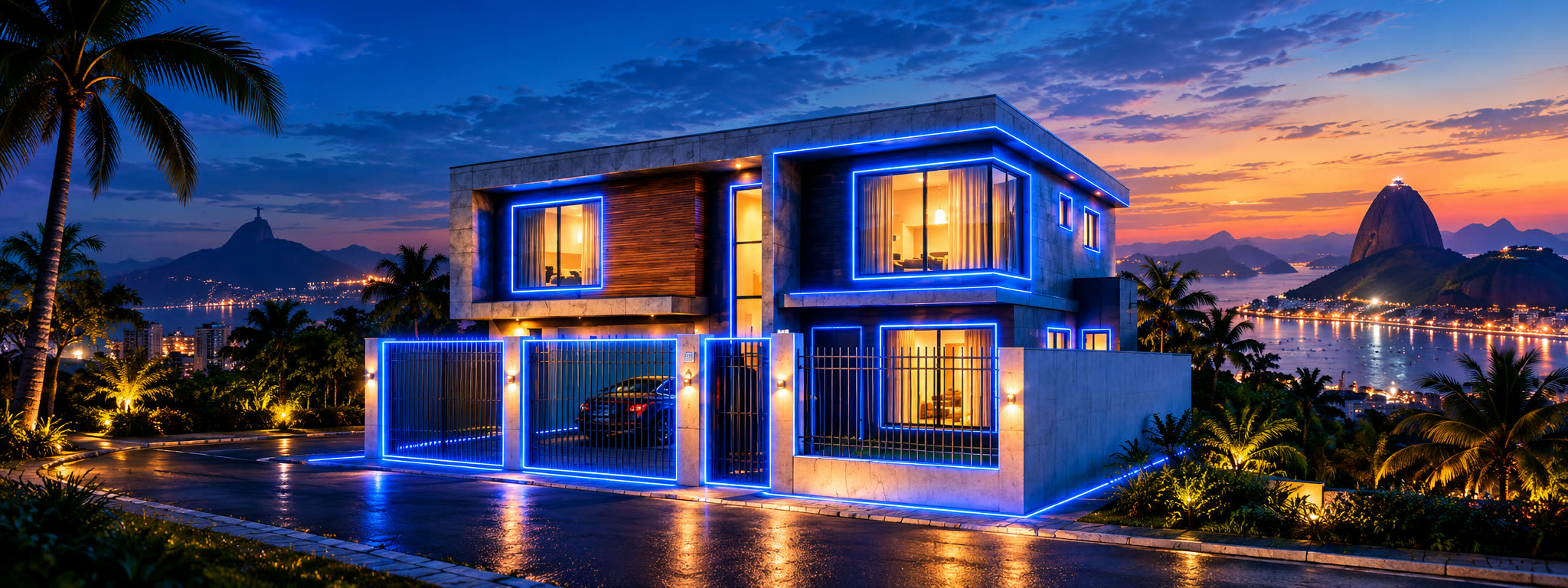Casa moderna no Rio de Janeiro à noite, com contornos de luz marcando a proteção das janelas, dos portões e do perímetro